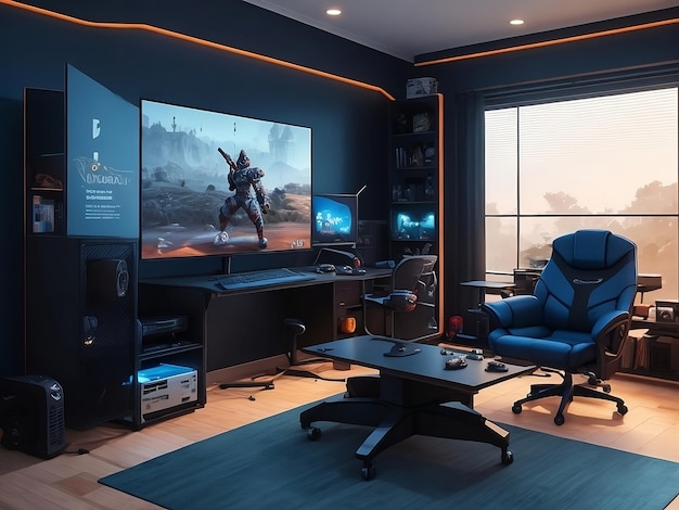 Interior of colorful modern gaming room with neon light Playing videogames watching movies hobby