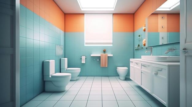 Interior of colorful restroom with toilet bowl and chest of drawers Generative Ai