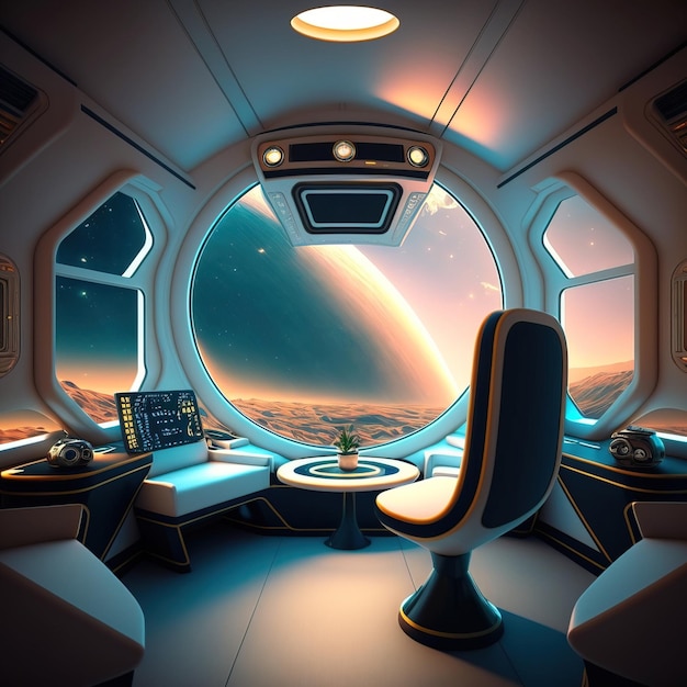 interior of a comfortable single person spacecraft space view futuristic technology generative ai