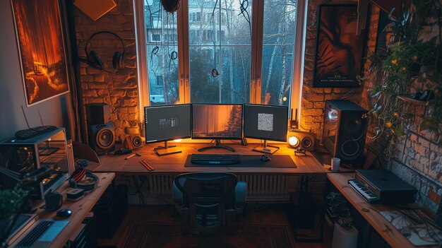 Photo interior of a computer room with a large window overlooking the city