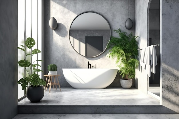 Interior of a concrete bathroom with a concrete floor white walls a mirror a gray tub and a sink Poster a mockup