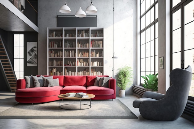 Interior of a concrete loft living room with a carpet a red couch and bookcases a lateral view a mockup