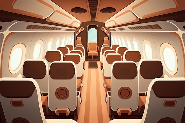 Interior of a contemporary airliner with brown seats