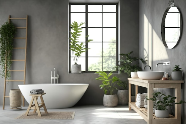 Interior of a contemporary bathroom with gray walls a concrete floor a loft window a ladder a wood sink and a bathtub Spas hotels and upscale properties a mockup