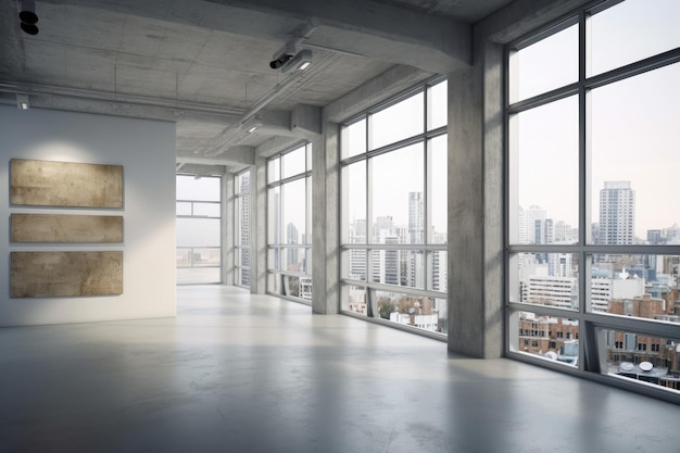 Photo interior of contemporary concrete gallery with windows providing city views and empty white mock up banners on the walls concept for a museum or residence