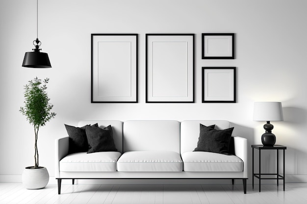 Интерьер современной элегантной комнаты с диваном и пустыми рамками для картин