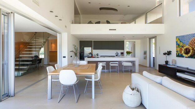 Foto interno di una casa contemporanea con cucina a pianta aperta e zona pranzo a parete bianca ai generative