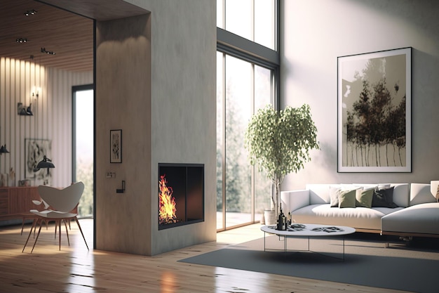 Interior of a contemporary living area with a fireplace