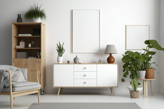 Interior of a contemporary living room featuring books a horizontal poster mockup and a wooden dresser