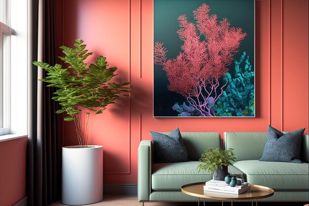 Interior of a contemporary living room with the 2019 color of the year live coral and green plants