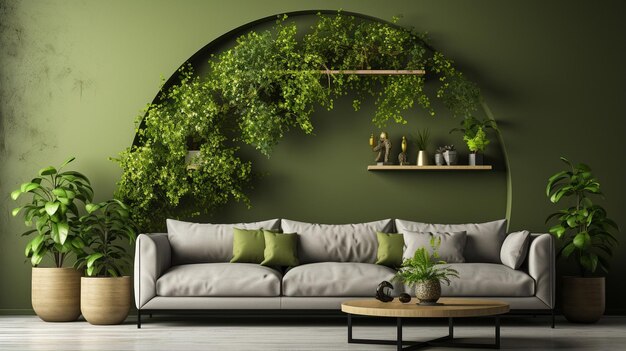 Photo interior of a contemporary living room with a green sofa green plants and green walls