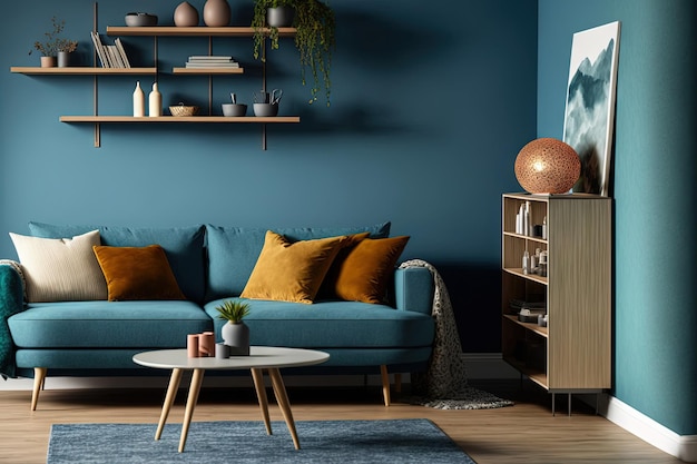 Interior of contemporary living room with oak flooring and a blue concrete wall Fur rug coffee table with vase and books blue fabric sofa floor light