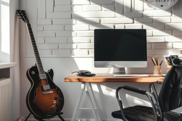 Интерьер современной подростковой комнаты с рабочим столом и гитарой Генеративный ИИ