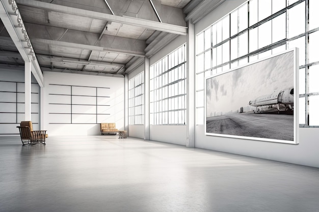 Interior of contemporary white hangar with blank mock up poster on wall concepts of space and design