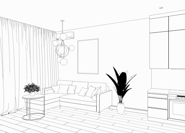 interior contour visualization 3D illustration sketch outline