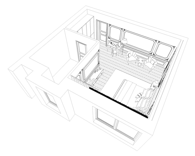 interior contour visualization, 3D illustration, sketch, outline