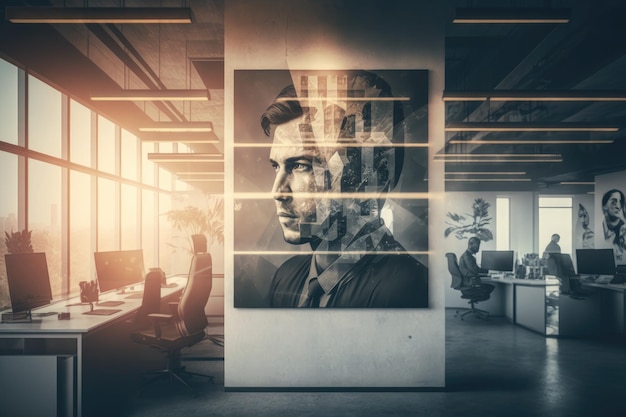 鋳物工場の肖像画と産業のシンボルを持つ企業オフィスの二重露光の内部