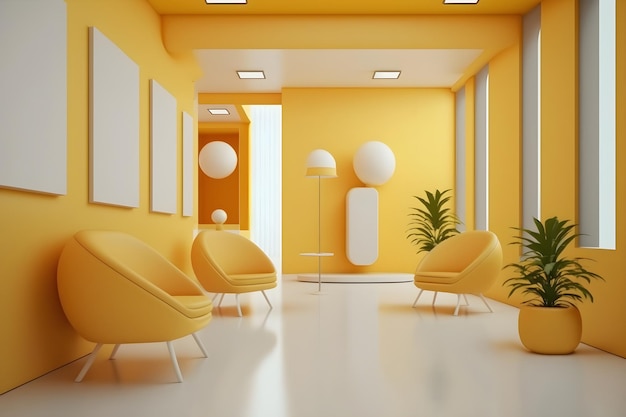 Interior of a cosy minimalistic waiting room or a hall interior in trendy yellow color modern