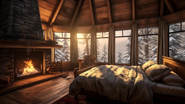 Интерьер уютной спальни на чердаке с большим окном с видом на озеро