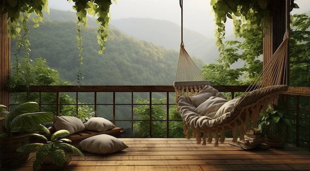 Interior of a cozy balcony with a hammock and a view of the mountain landscape High quality photo
