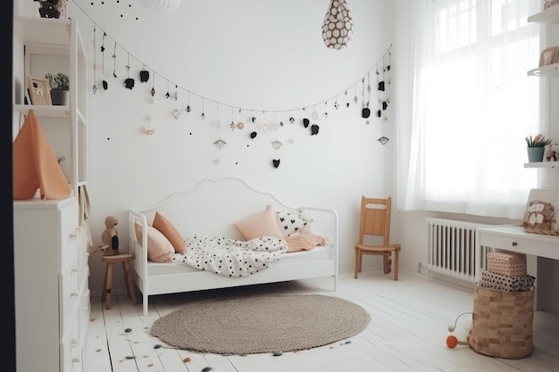 Foto interno di un'accogliente camera da letto per bambini in stile scandinavo ia generativa