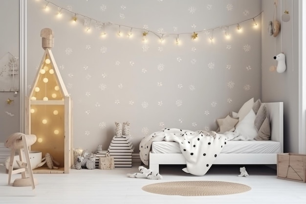 Interior of cozy bedroom for children in scandinavian style Generative AI