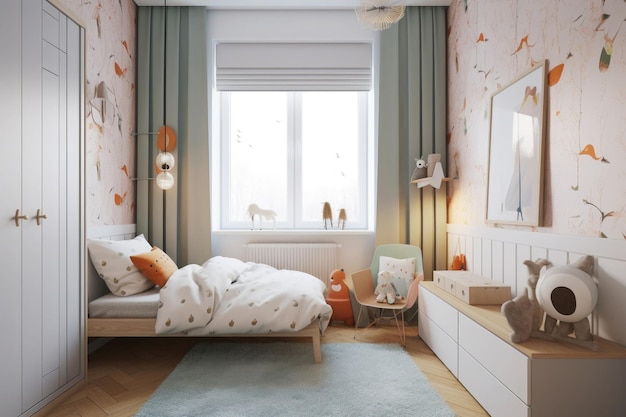 Interior of cozy bedroom for children in scandinavian style Generative AI