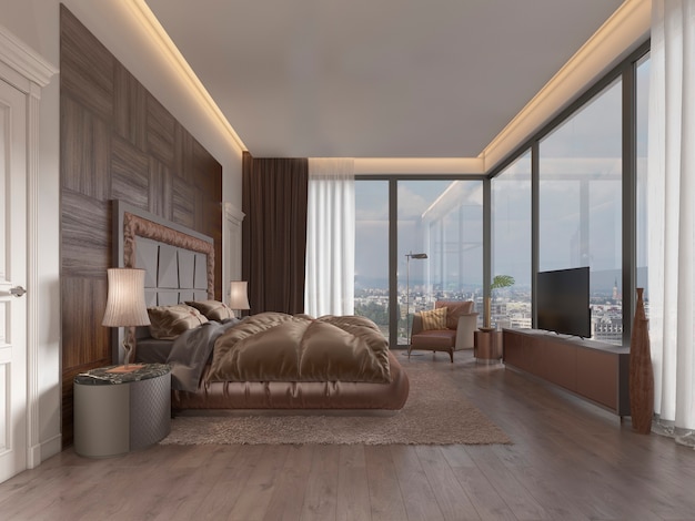 Interior of cozy bedroom in modern design with armchair, floor lamp, TV unit retractable TV and dress table. 3D rendering