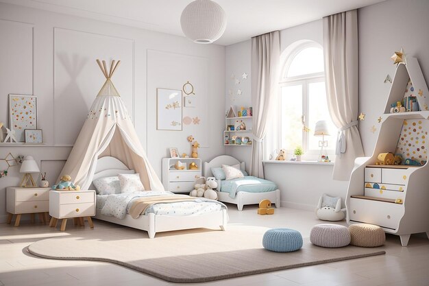 Interior of a cozy children's room in white color and themed design