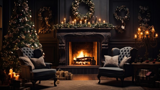 크리스마스 장식으로 아 ⁇ 한 클래식 거실 인테리어 불타는 벽난로 꽃줄기와  ⁇ 불 우아한 크리스마스 트리 선물 상자 빈티지 의자 크리스마스 동화