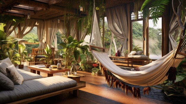 Interior of cozy ecohouse with green plants and hammocks The concept of rest and relaxation on vac