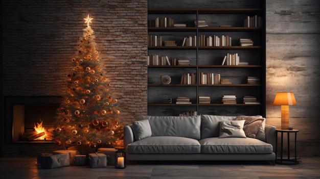 Interior of cozy living room in modern minimalist cottage or apartment with Christmas decoration Blazing fireplace burning candles elegant Christmas tree gift boxes comfortable sofa bookshelves