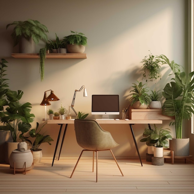 Interior of cozy living room with wooden table laptop and plants