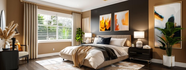 Interior of a cozy modern bedroom in light brown and beige tones