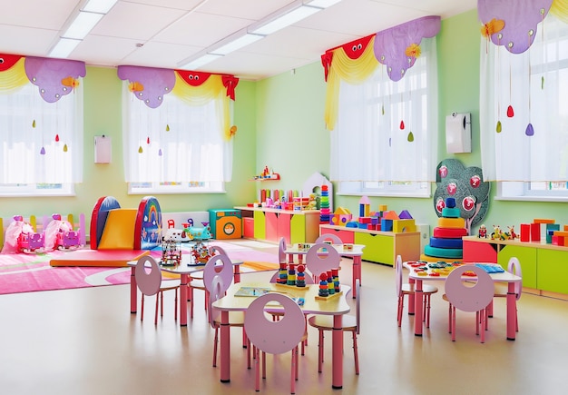 interior of cozy pink playroom in kindergarten.