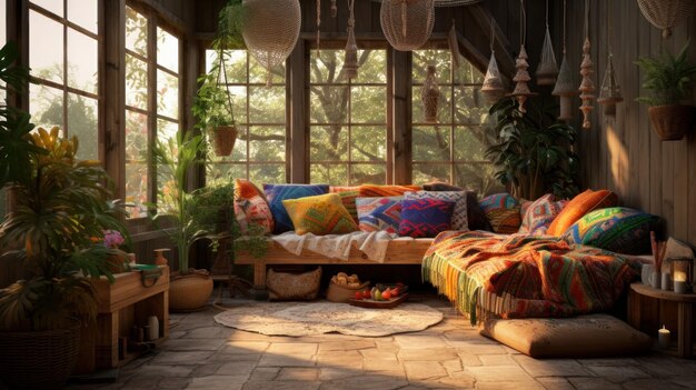 Interior of a cozy room in boho style