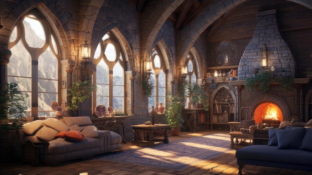 Interior of a cozy room in Romanesque style