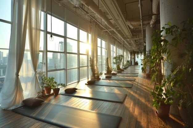 Interior of a cozy spacious pilates studio in a modern building wooden floors rolled out yoga mats