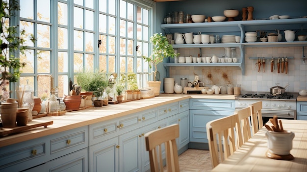 Interior of cozy vintage country style kitchen Wooden dining table and chairs light blue facades open shelves with crockery and kitchen utensils large windows Contemporary home design