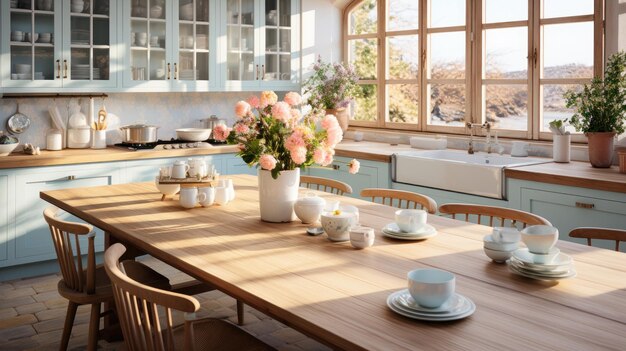 Interior of cozy vintage country style kitchen wooden dining table and chairs light blue facades