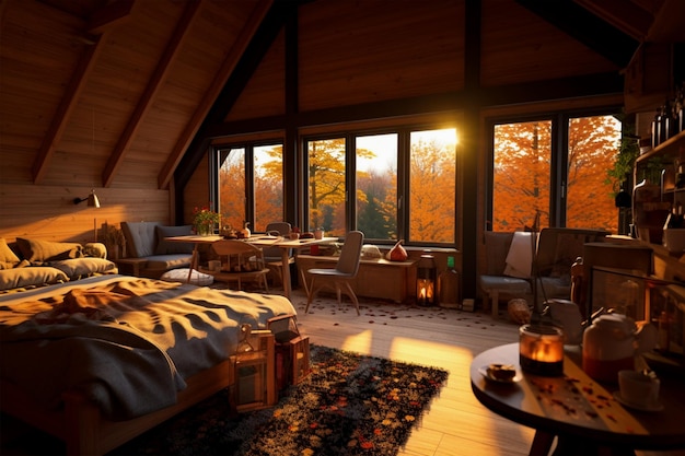 Interior of a cozy warm wooden house in autumn weather generative Ai