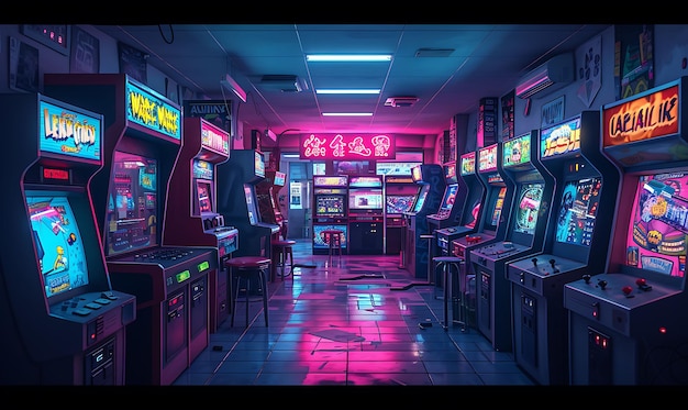 Interior of cyberpunk arcade room with animated cartoons and retro games vr concept idea neon glow