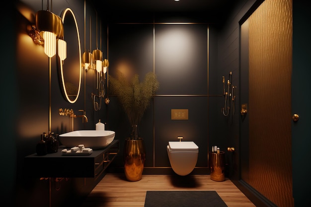 Интерьер темной ванной комнаты с деревянным полом, душем, раковиной, большим зеркалом на золотой мозаичной стене, вешалкой для полотенец и унитазом