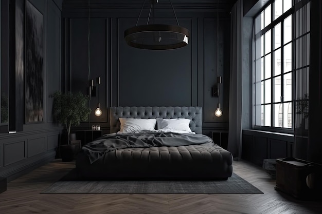 소파가 있는 어두운 침실 내부, 비어 있는 흰색 포스터 침대, 대리석 벽, 큰 침대 나이트스탠드, 쪽모이 세공 마루 바닥 스칸디나비아의 심플한 디자인 아이디어