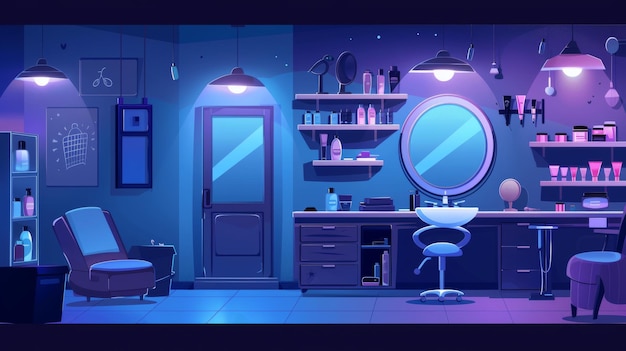 The interior of a dark dark beauty salon at night with lamps hair styling equipment a manicure specialist39s workstation and an armchair mirror sink and cosmetics on a shelf