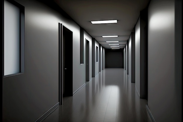 Interior of dark endless and empty office corridor with small windows