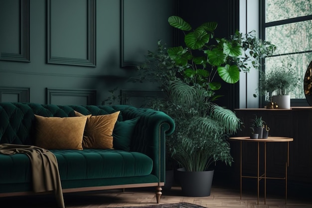 Interior of a dark green house with a brown sofa table and other furnishings