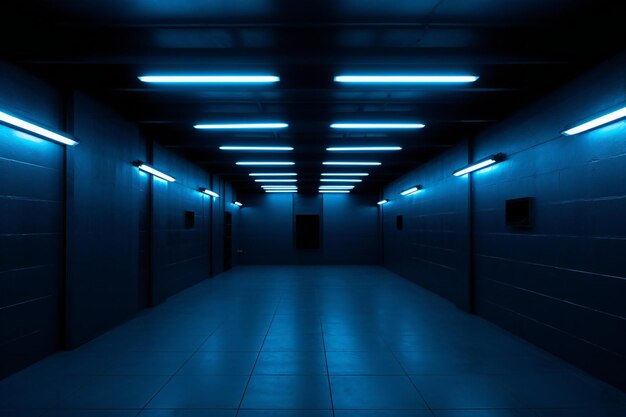 Interior of a dark office corridor with neon lights