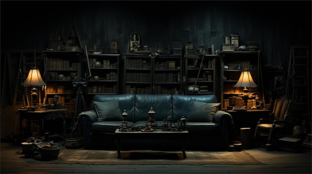 Interior of a dark room with a sofa and a table