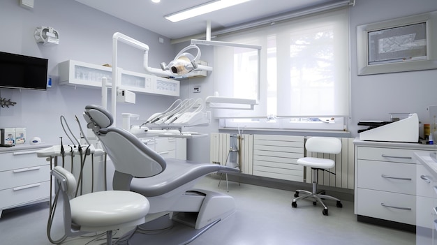Interior de una clinica dental moderna y minimalista con tonos blancos y limpios AI Generatief